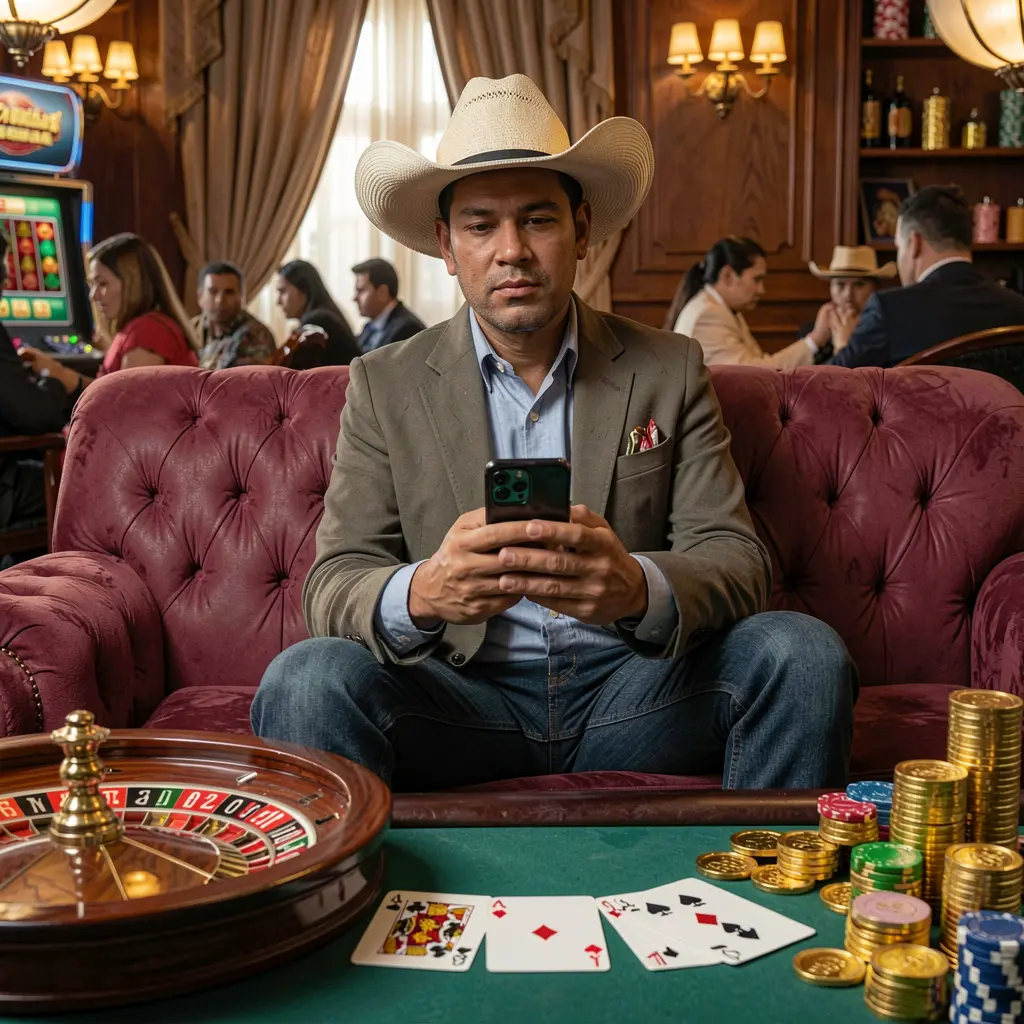 ZZ7 MX App – A smooth and modern mobile casino experience for players in Mexico Mexican man focused on his phone while using the ZZ7 MX casino app with glowing roulette wheels playing cards and gold coins