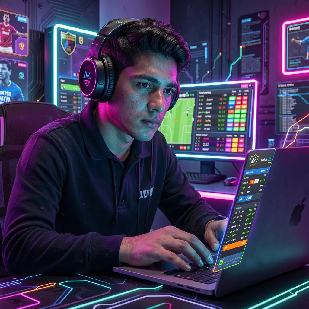 ZZ7 MX Bet – Experience fast and modern sports betting in Mexico Focused Mexican sports bettor using a laptop with live soccer betting odds in a neon lit cyber betting environment on ZZ7 MX